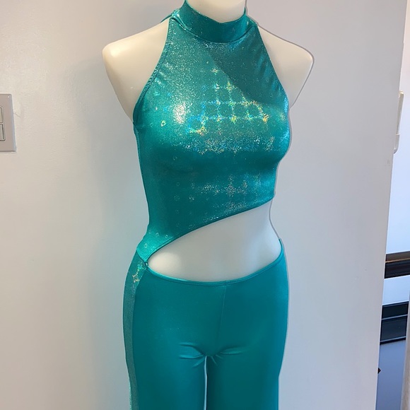 Aqua Holographic Wide leg Cutout Jumpsuit - Picture 2 of 15